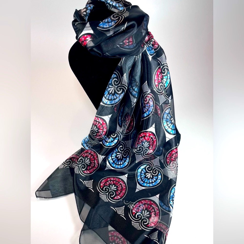Arkain Bud Stain:Chic 42x42 Scarf in Black, Blue & Red